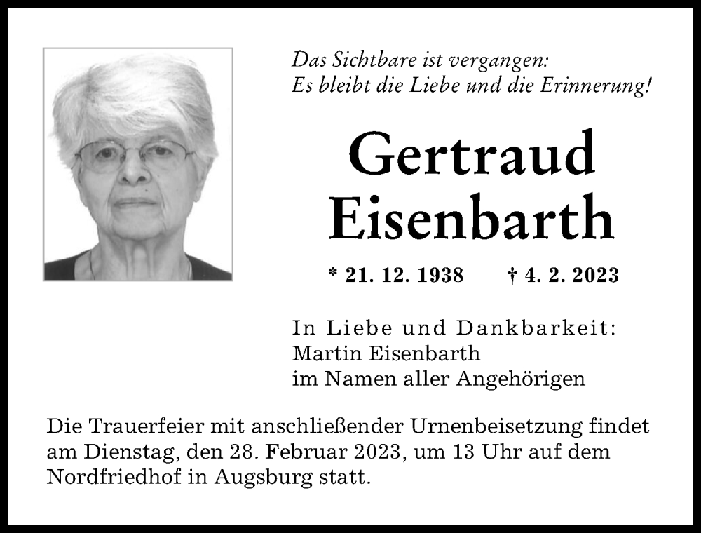 Traueranzeigen von Gertraud Eisenbarth | Augsburger Allgemeine Zeitung