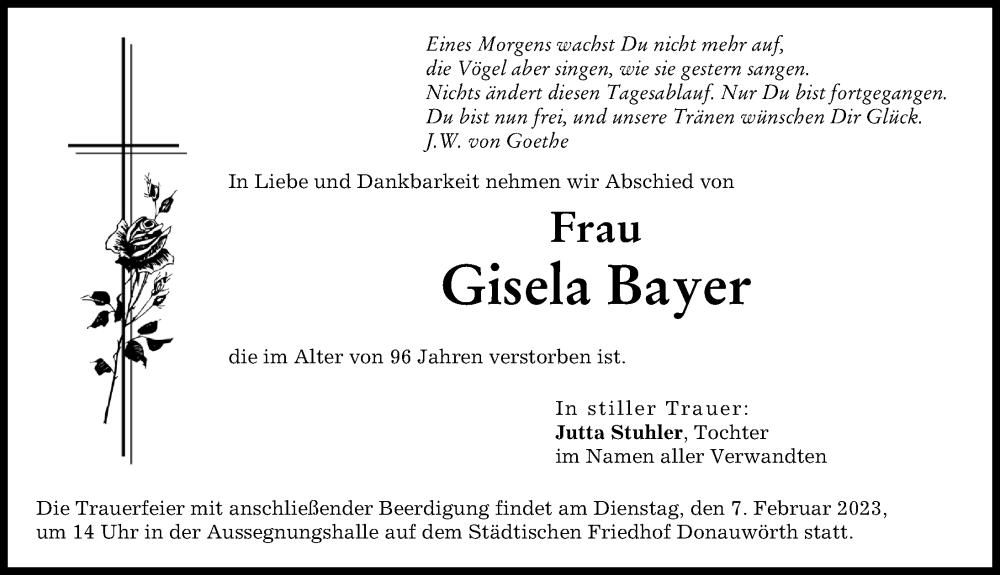 Traueranzeige von Gisela Bayer von Donauwörther Zeitung