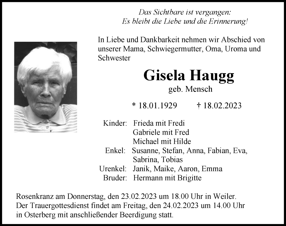 Traueranzeigen Von Gisela Haugg Augsburger Allgemeine Zeitung
