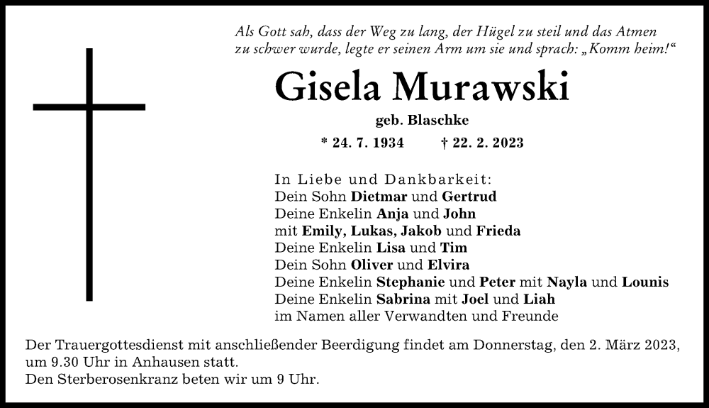 Traueranzeigen Von Gisela Murawski Augsburger Allgemeine Zeitung