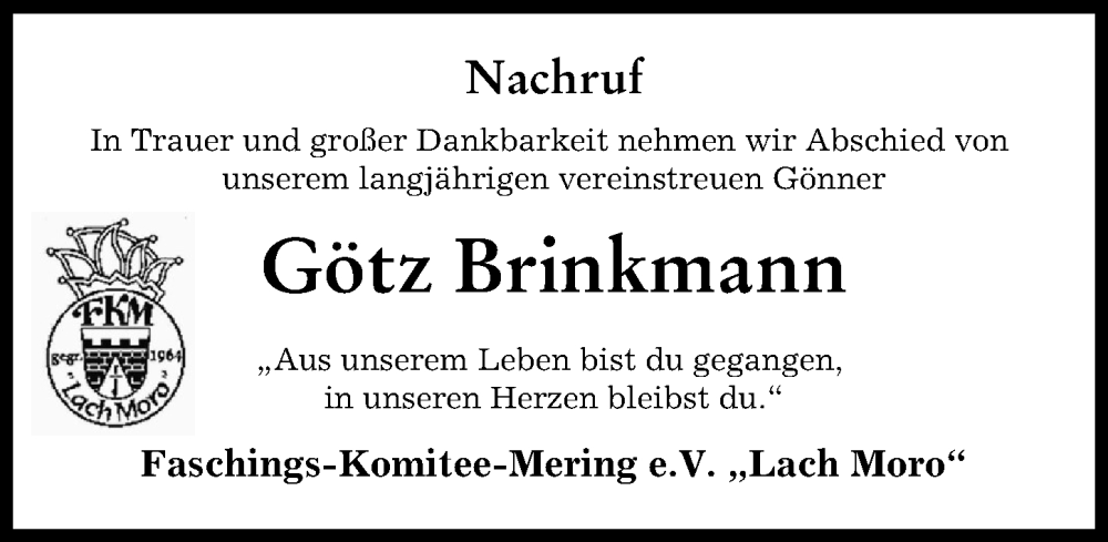  Traueranzeige für Götz Brinkmann vom 03.02.2023 aus Friedberger Allgemeine