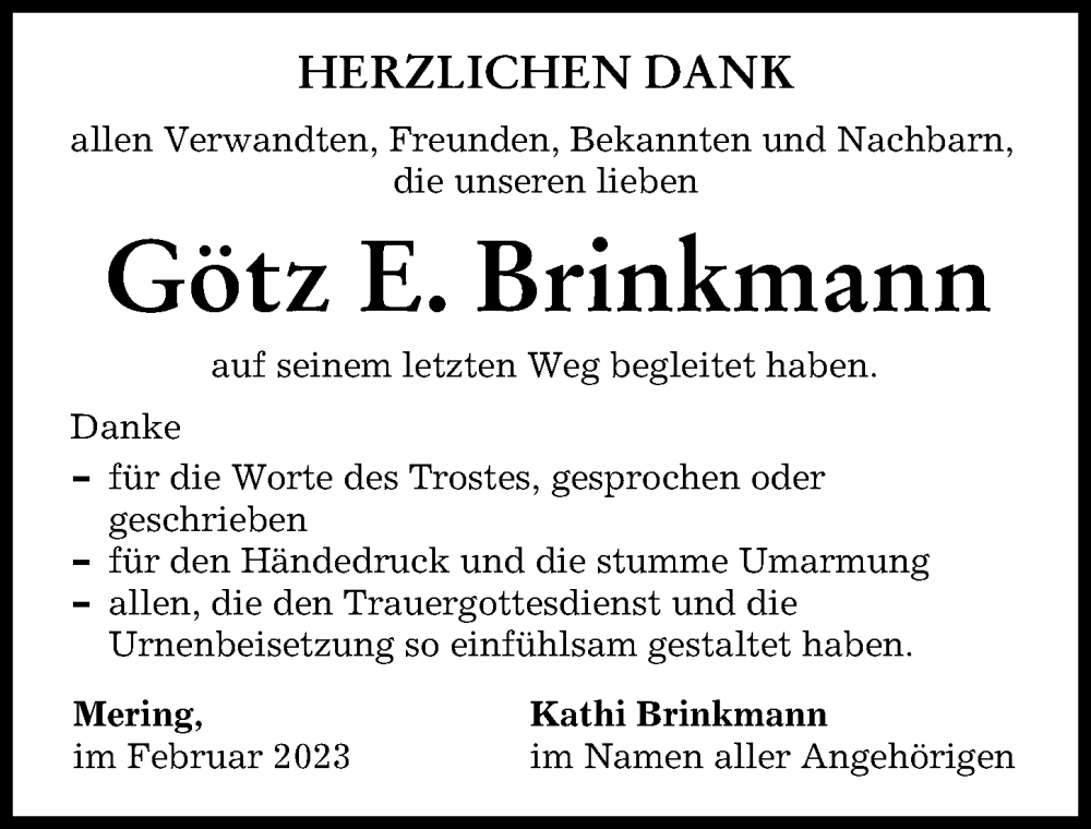  Traueranzeige für Götz E. Brinkmann vom 18.02.2023 aus Friedberger Allgemeine