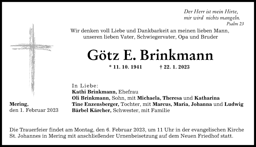  Traueranzeige für Götz E. Brinkmann vom 01.02.2023 aus Friedberger Allgemeine