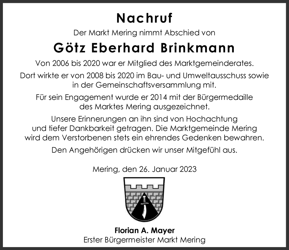  Traueranzeige für Götz Eberhard Brinkmann vom 01.02.2023 aus Friedberger Allgemeine