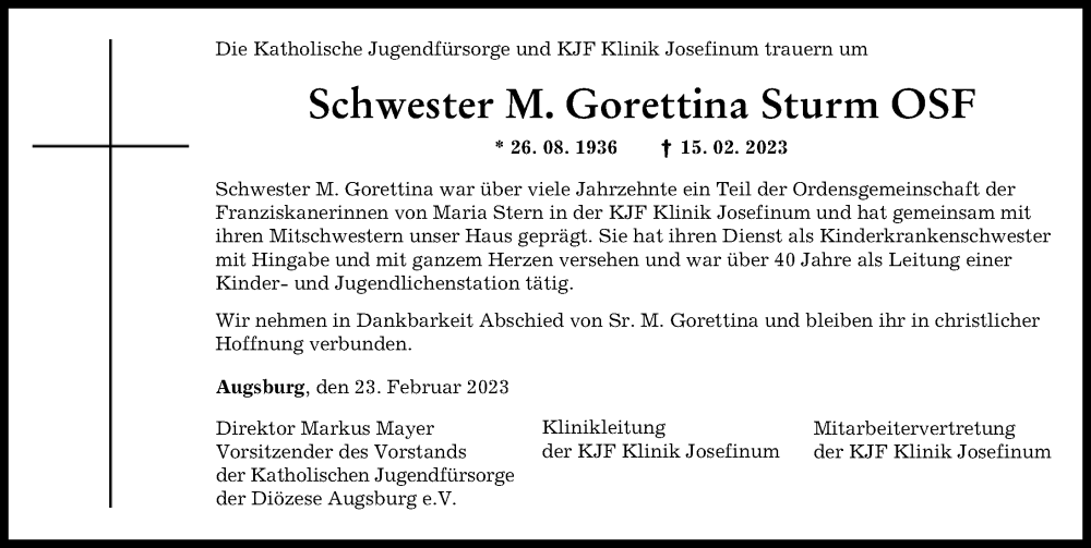 Traueranzeige von Gorettina Sturm von Augsburger Allgemeine