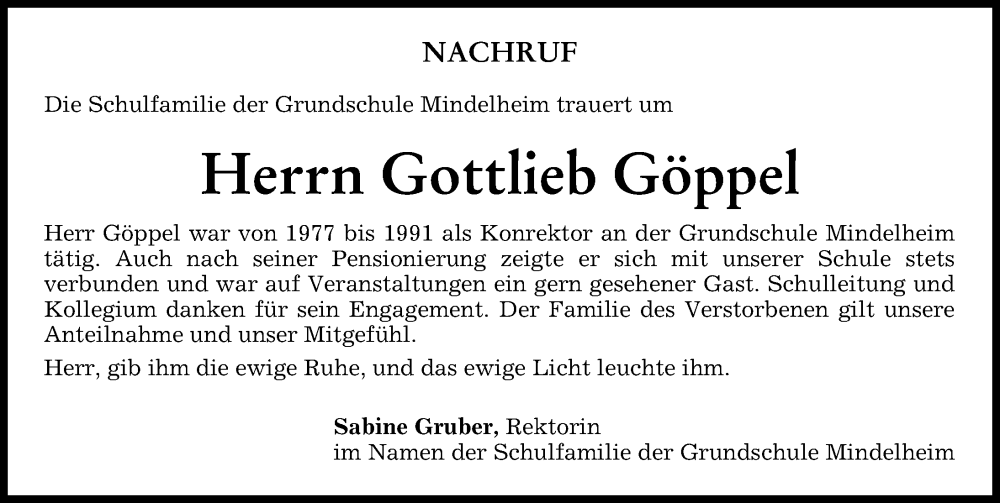  Traueranzeige für Gottlieb Göppel vom 07.02.2023 aus Mindelheimer Zeitung
