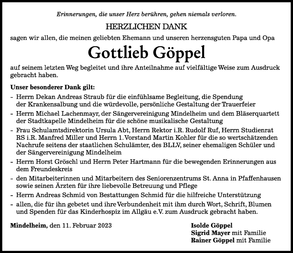  Traueranzeige für Gottlieb Göppel vom 11.02.2023 aus Mindelheimer Zeitung