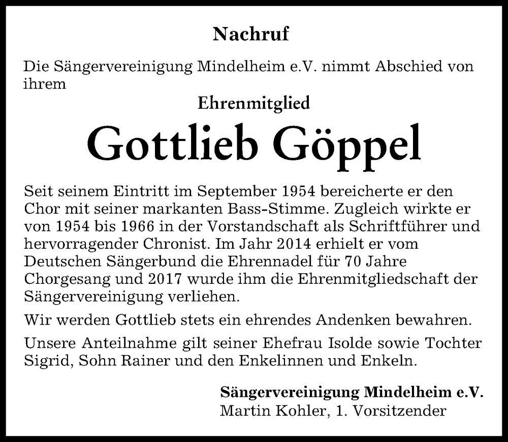  Traueranzeige für Gottlieb Göppel vom 03.02.2023 aus Mindelheimer Zeitung