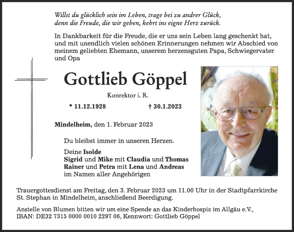  Traueranzeige für Gottlieb Göppel vom 01.02.2023 aus Mindelheimer Zeitung