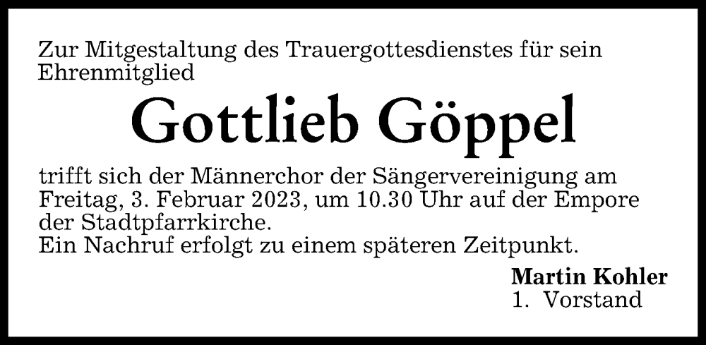  Traueranzeige für Gottlieb Göppel vom 02.02.2023 aus Mindelheimer Zeitung