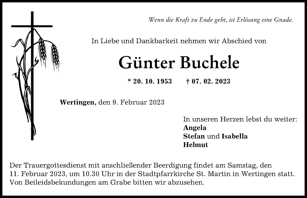 Traueranzeige von Günter Buchele von Wertinger Zeitung