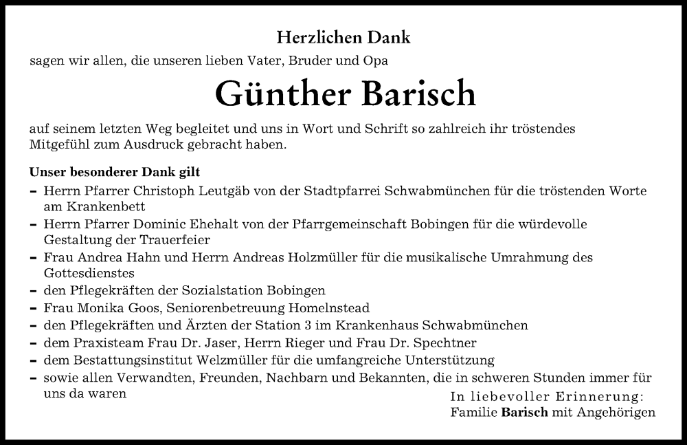  Traueranzeige für Günther Barisch vom 11.02.2023 aus Schwabmünchner Allgemeine