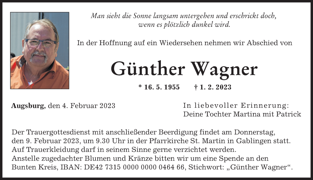  Traueranzeige für Günther Wagner vom 04.02.2023 aus Augsburger Allgemeine