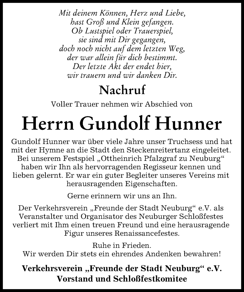  Traueranzeige für Gundolf Hunner vom 02.02.2023 aus Neuburger Rundschau