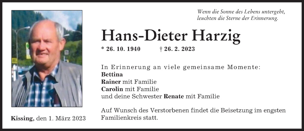 Traueranzeige von Hans-Dieter Harzig von Friedberger Allgemeine