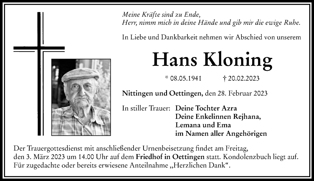  Traueranzeige für Hans Kloning vom 28.02.2023 aus Rieser Nachrichten