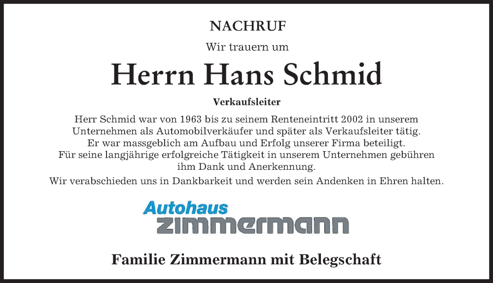 Traueranzeige von Hans Schmid von Günzburger Zeitung
