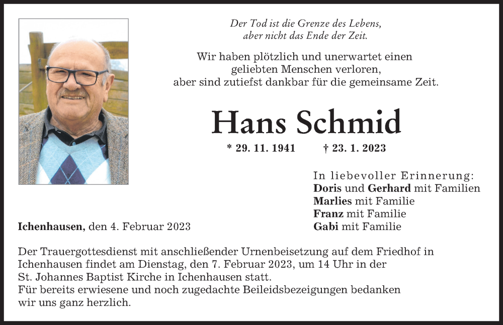 Traueranzeige von Hans Schmid von Günzburger Zeitung