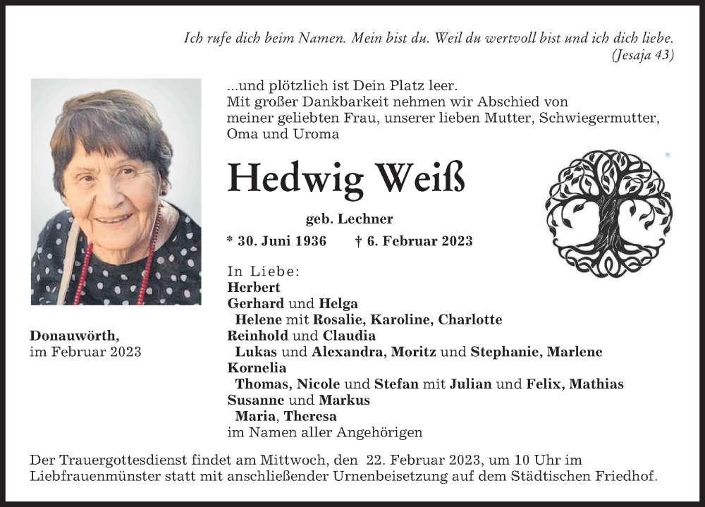 Traueranzeige von Hedwig Weiß von Donauwörther Zeitung