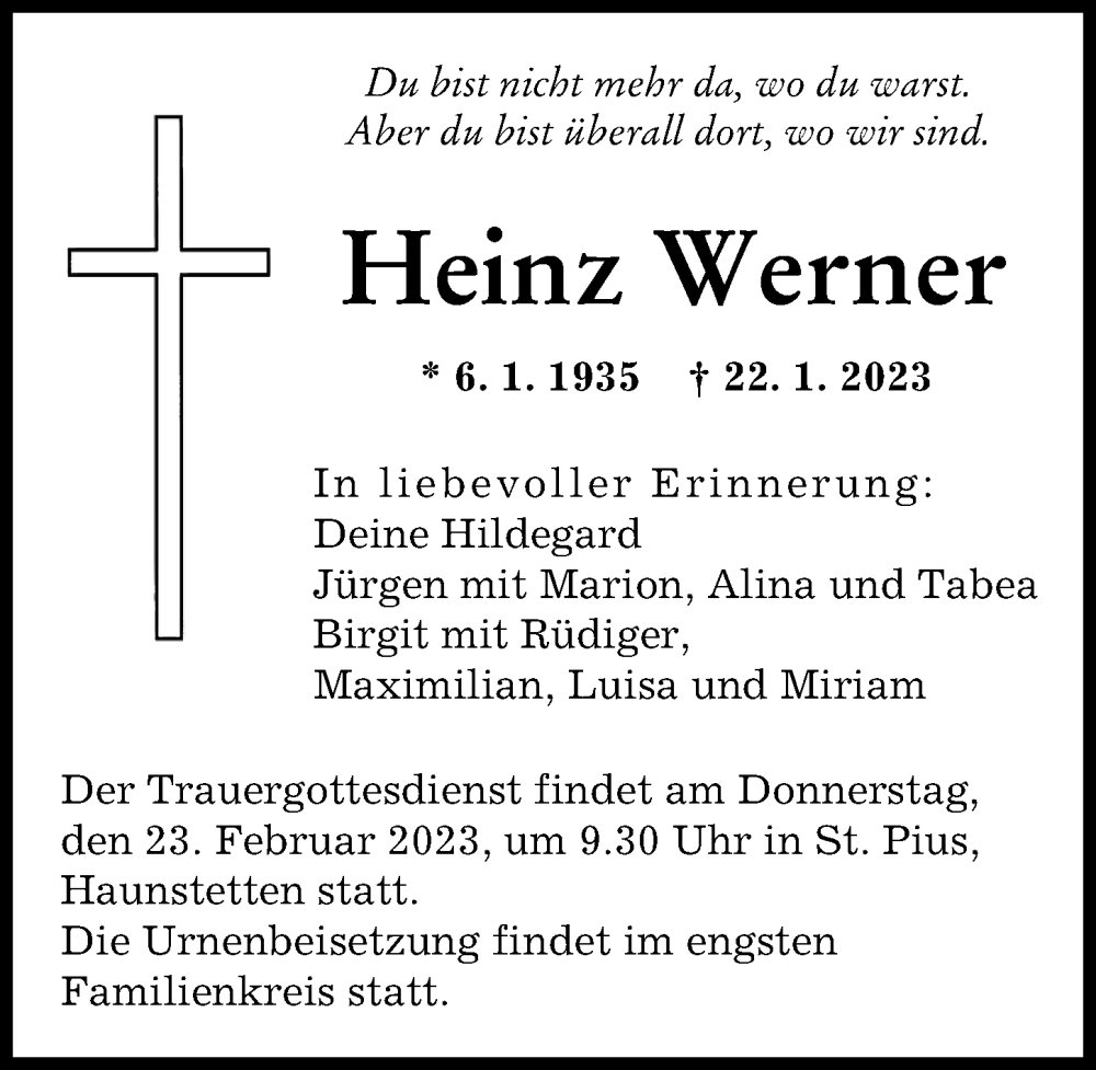 Traueranzeige von Heinz Werner von Augsburger Allgemeine