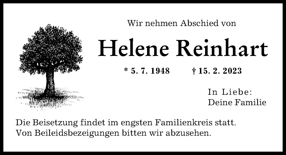  Traueranzeige für Helene Reinhart vom 18.02.2023 aus Friedberger Allgemeine, Augsburger Allgemeine