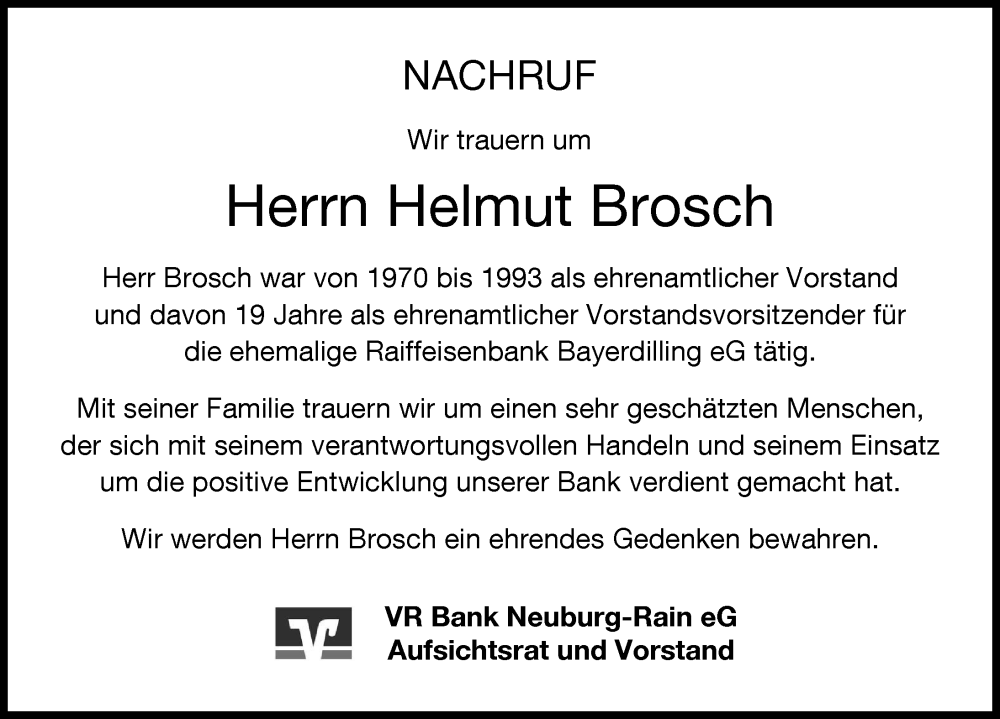 Traueranzeige von Helmut Brosch von Donauwörther Zeitung