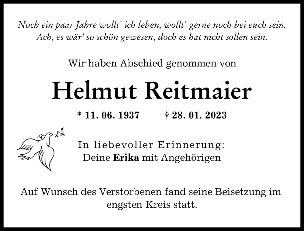 Traueranzeige von Helmut Reitmaier von Günzburger Zeitung