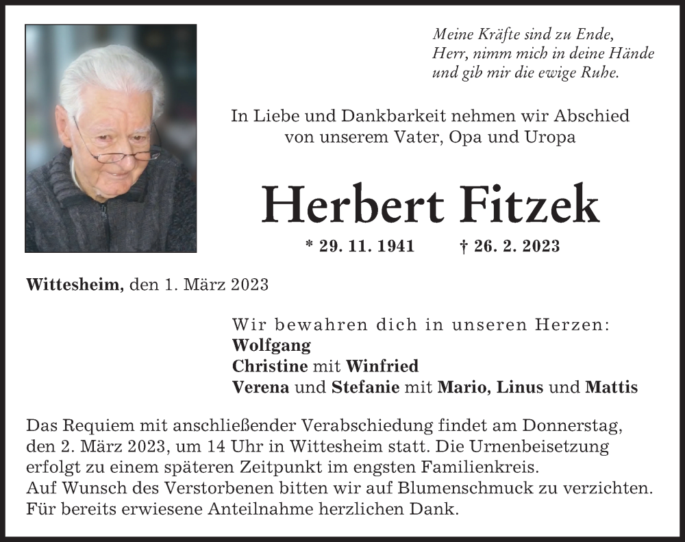 Traueranzeigen Von Herbert Fitzek | Augsburger Allgemeine Zeitung