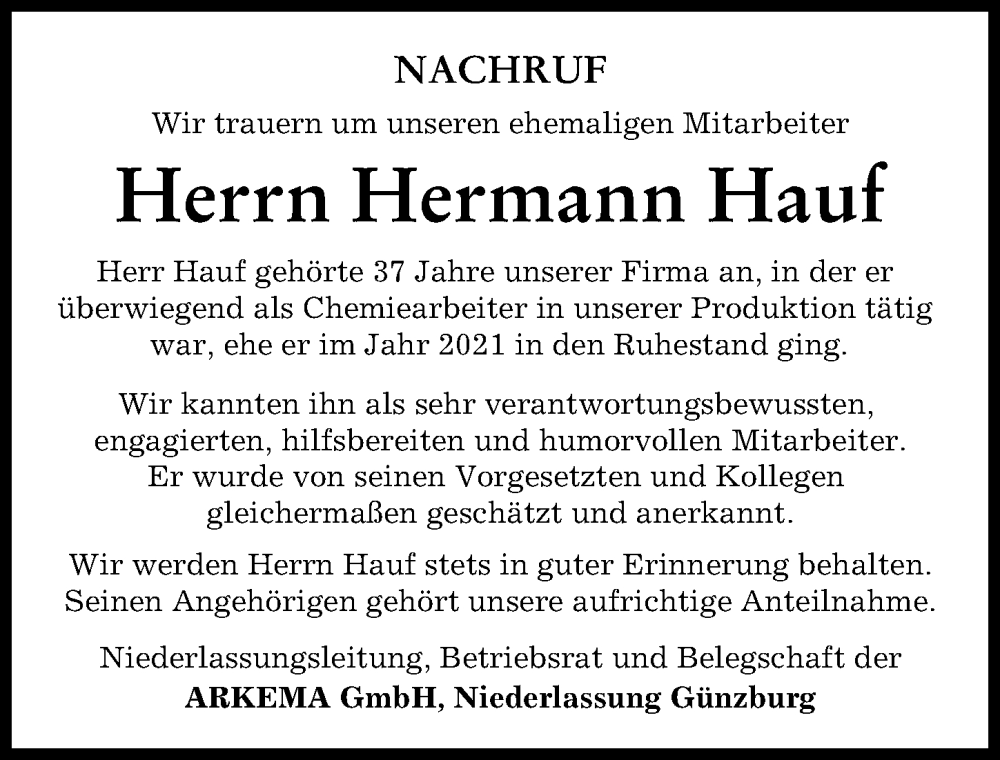  Traueranzeige für Hermann Hauf vom 21.02.2023 aus Günzburger Zeitung