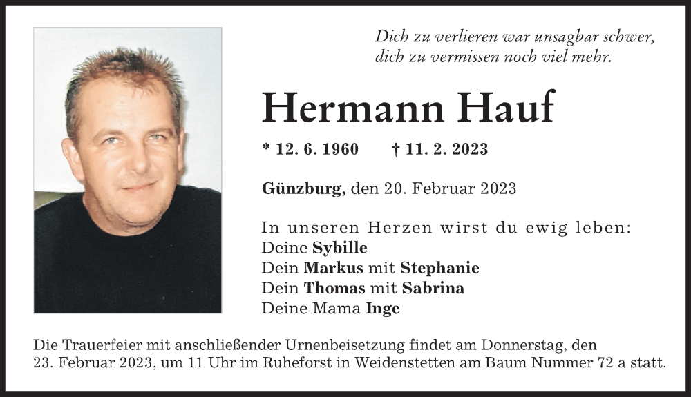  Traueranzeige für Hermann Hauf vom 20.02.2023 aus Günzburger Zeitung
