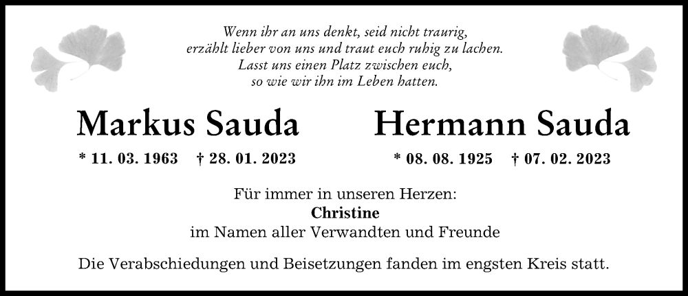 Traueranzeige von Hermann Sauda von Günzburger Zeitung