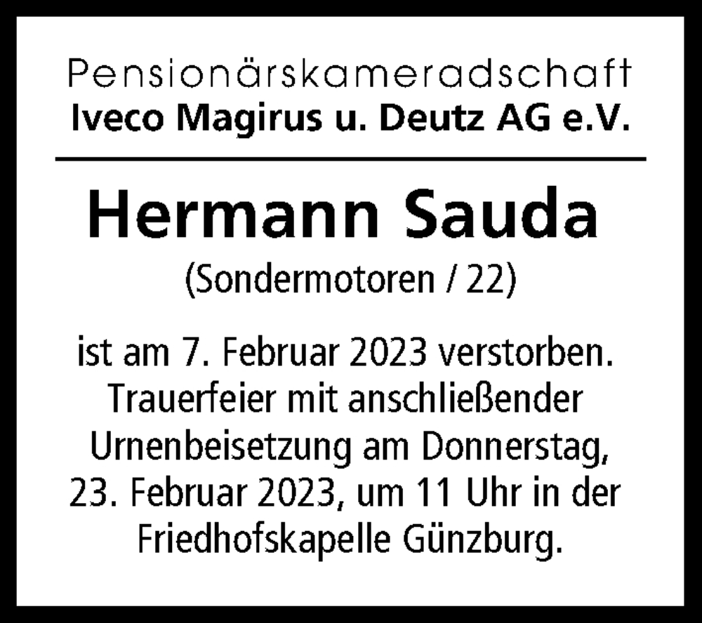 Traueranzeige von Hermann Sauda von Illertisser Zeitung, Günzburger Zeitung, Neu-Ulmer Zeitung