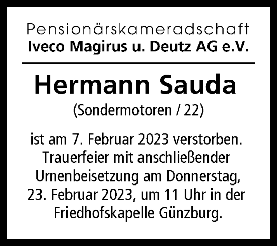 Traueranzeige von Hermann Sauda von Illertisser Zeitung, Günzburger Zeitung, Neu-Ulmer Zeitung