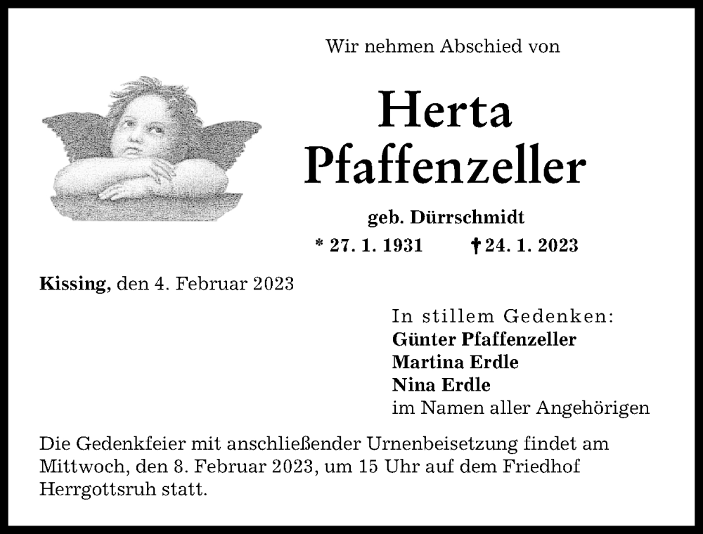 Traueranzeige von Herta Pfaffenzeller von Friedberger Allgemeine