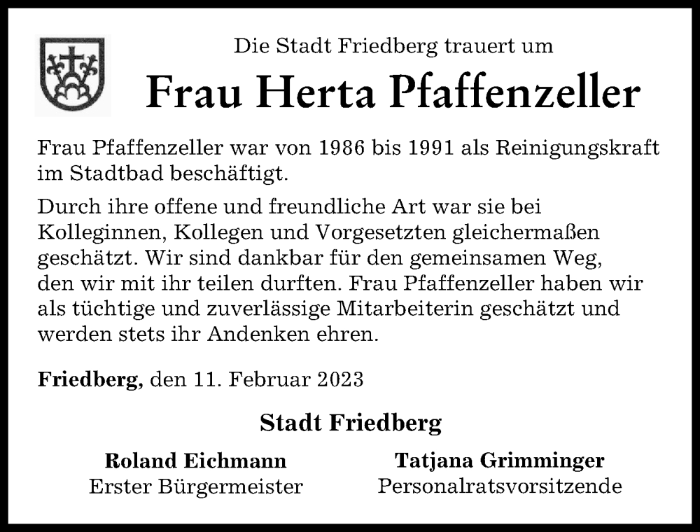 Traueranzeige von Herta Pfaffenzeller von Friedberger Allgemeine