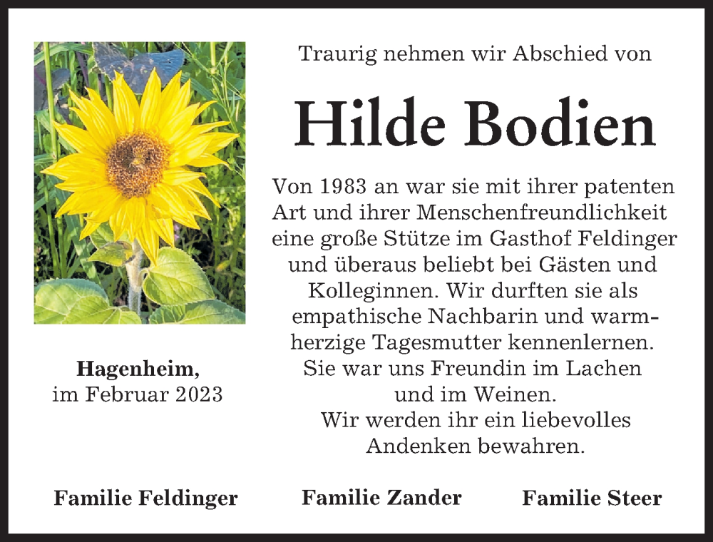  Traueranzeige für Hilde Bodien vom 01.02.2023 aus Landsberger Tagblatt