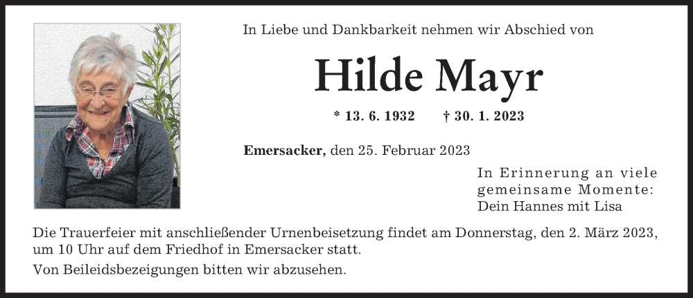 Traueranzeigen Von Hilde Mayr Augsburger Allgemeine Zeitung