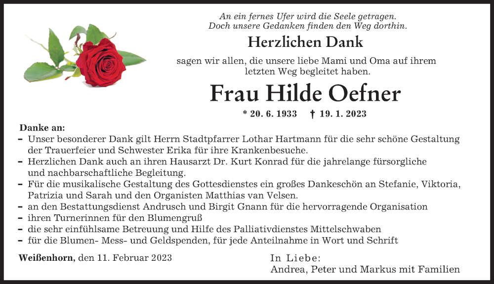  Traueranzeige für Hilde Oefner vom 11.02.2023 aus Neu-Ulmer Zeitung