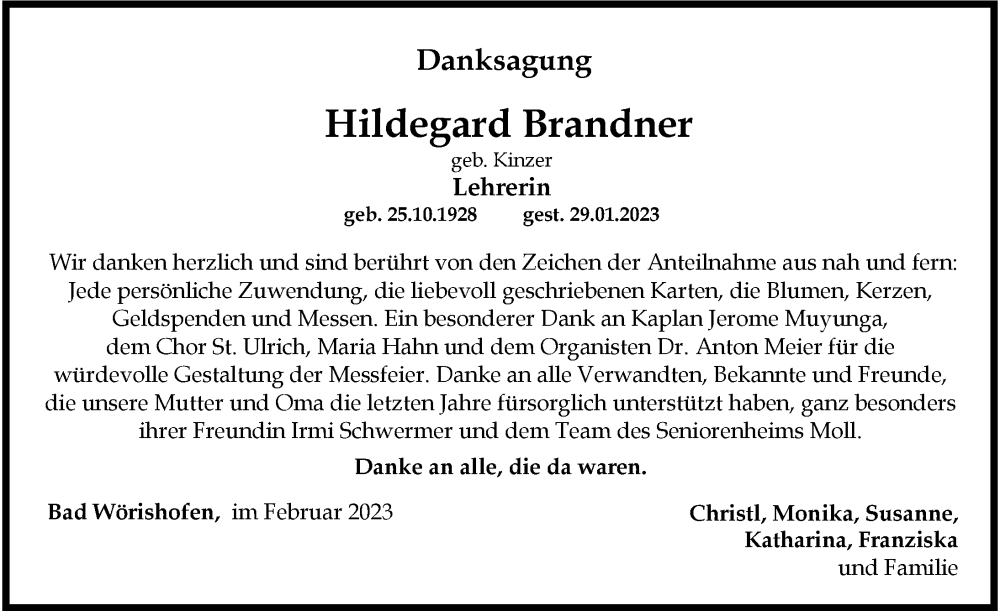 Traueranzeige von Hildegard Brandner von Mindelheimer Zeitung