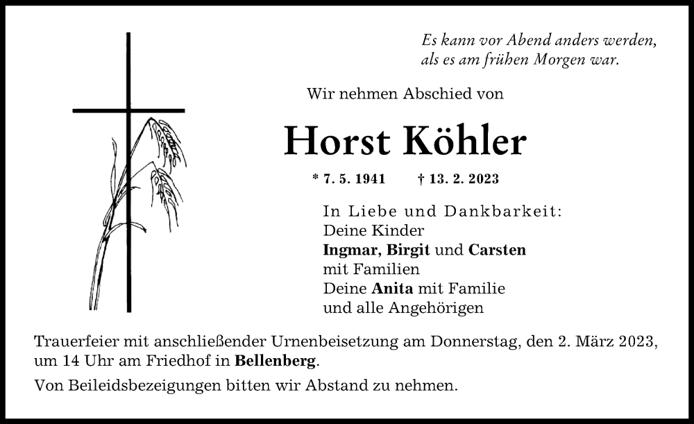 Traueranzeigen von Horst Köhler | Augsburger Allgemeine Zeitung