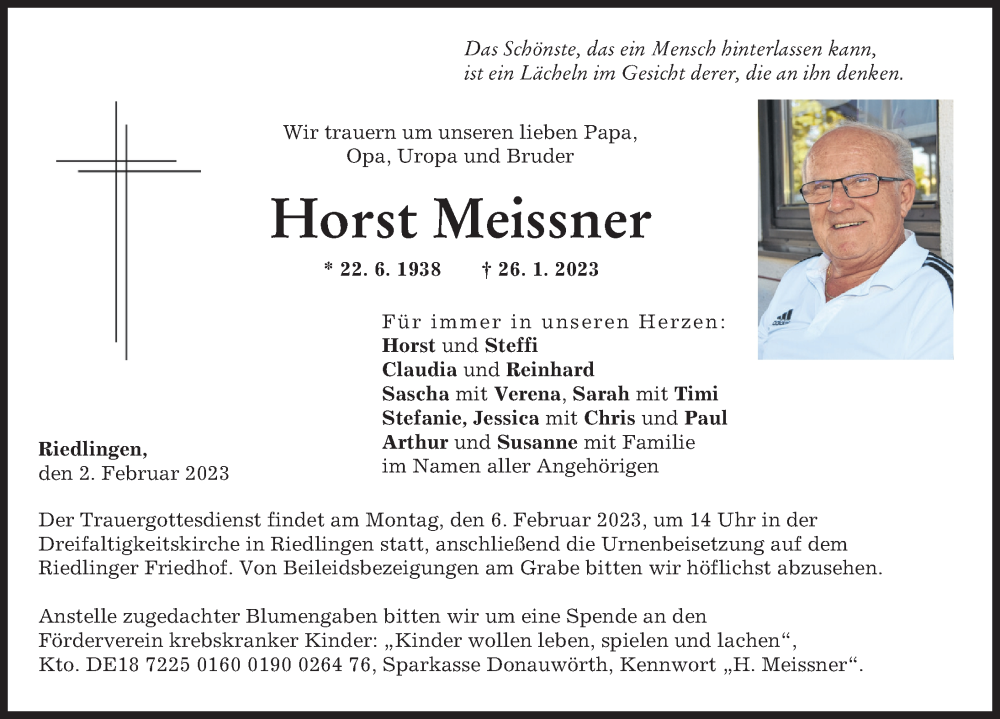  Traueranzeige für Horst Meissner vom 02.02.2023 aus Donauwörther Zeitung