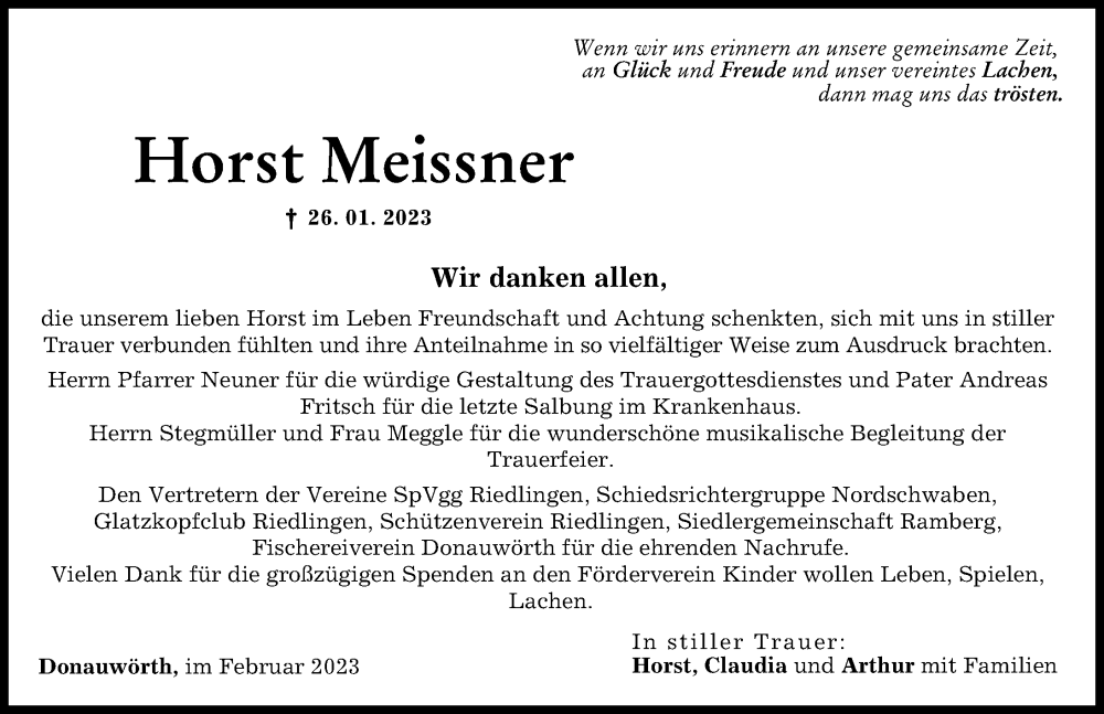  Traueranzeige für Horst Meissner vom 18.02.2023 aus Donauwörther Zeitung