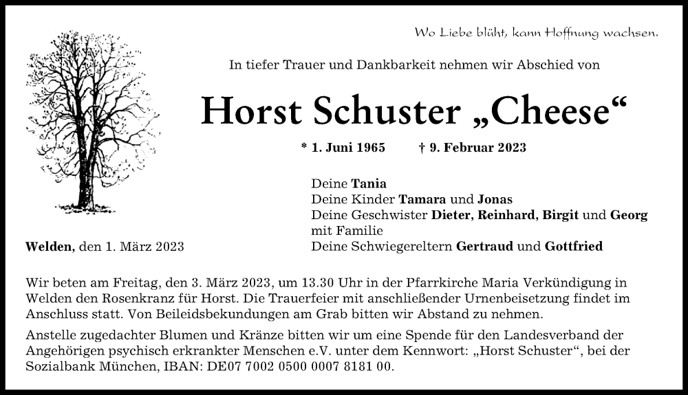  Traueranzeige für Horst Schuster vom 01.03.2023 aus Augsburg-Land