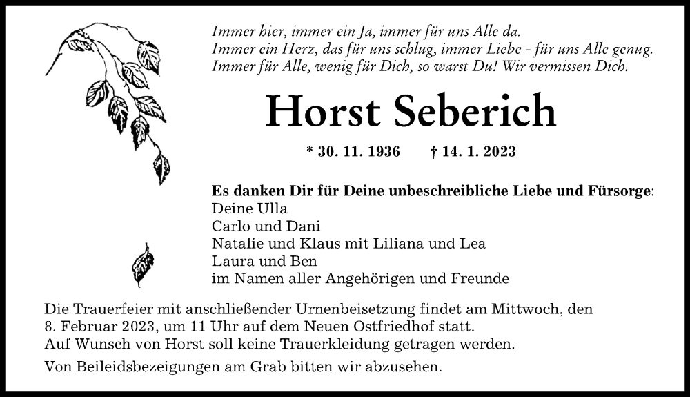 Traueranzeige für Horst Seberich vom 03.02.2023 aus Augsburger Allgemeine