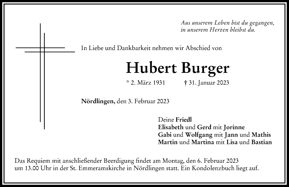  Traueranzeige für Hubert Burger vom 03.02.2023 aus Rieser Nachrichten