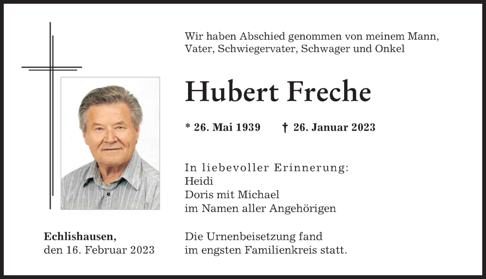 Traueranzeige von Hubert Freche von Günzburger Zeitung