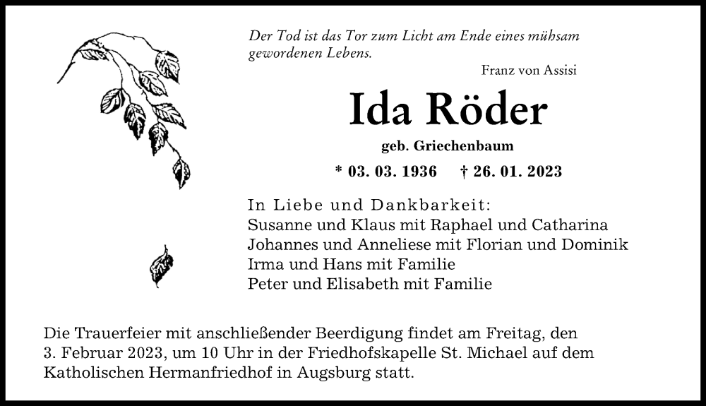 Traueranzeige für Ida Röder vom 31.01.2023 aus Augsburger Allgemeine