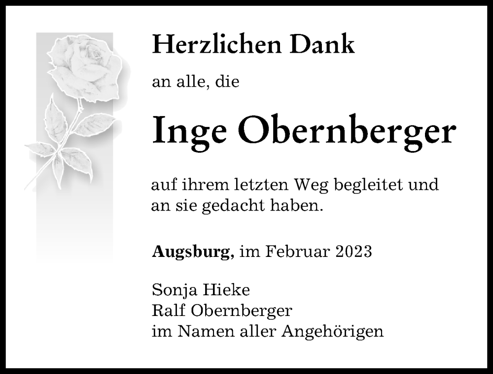  Traueranzeige für Inge Obernberger vom 11.02.2023 aus Augsburger Allgemeine