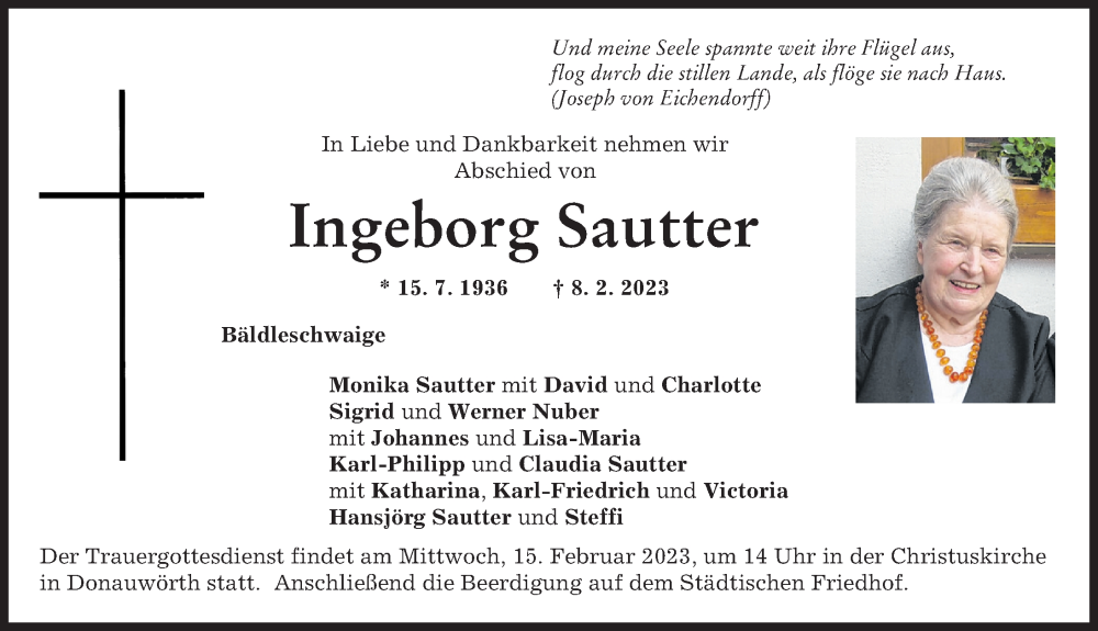 Traueranzeige von Ingeborg Sautter von Wertinger Zeitung, Donau Zeitung