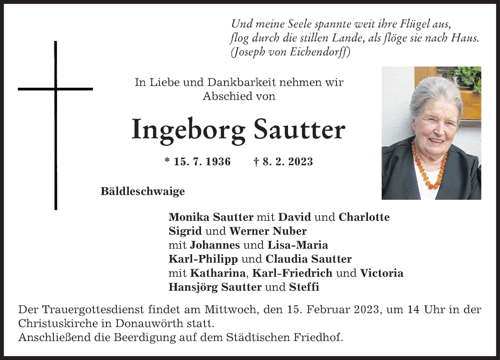 Traueranzeige von Ingeborg Sautter von Donauwörther Zeitung